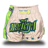White and Neon Green Single Panel Stars Muay Thai Shorts