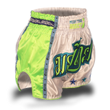 White and Neon Green Single Panel Stars Muay Thai Shorts